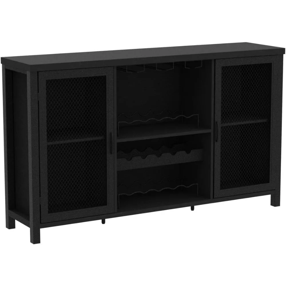 IBF Black Coffee Bar Cabinet, Liquor Cabinet with Wine Rack Storage, Industrial Kitchen Buffet Cabinet for Liquor and Coffee,