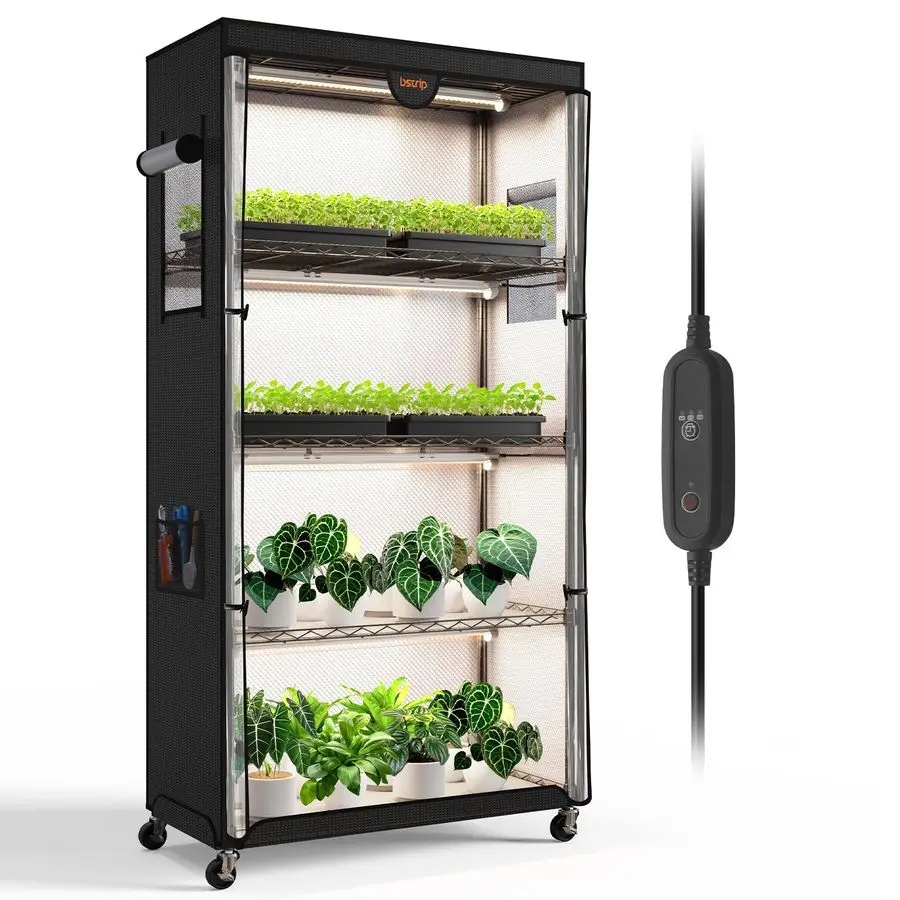 

Indoor Greenhouse with Grow Light, Plant Stand with 4 Pack 24W Full Spectrum Plant Lights, Plant Shelf with Tent for Indoor Plan