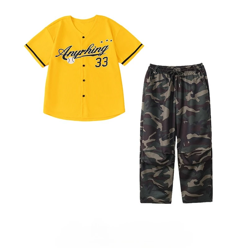 Jungen Street Dancewear Hip Hop Dance Wettbewerb Kostüme Gelbes Baseballshirt Camo Hosen Anzug Gruppe Jazz Kleidung Bühnenkleidung