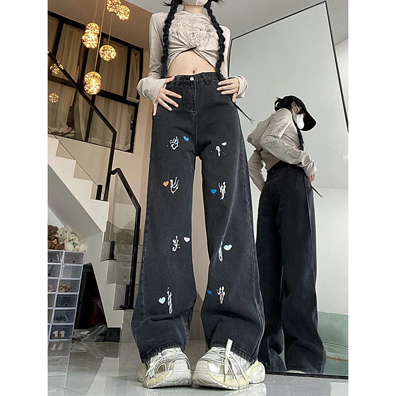 WCFCX STUDIO Harajuku Splash Love Embroidery High Waist Black Wide Leg Jeans Women Hip Hop Trendy Denim Pants Streetwear Trouser