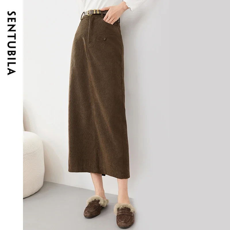 

SENTUBILA Women's Straight Knitted Skirt 2024 Winter Casual Slit-hem High Waist Pockets Office Lady Long Skirt 134Q52565