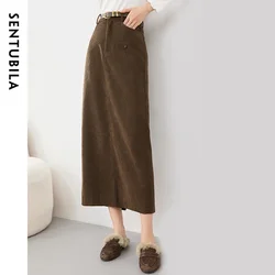 SENTUBILA Women's Straight Knitted Skirt 2024 Winter Casual Slit-hem High Waist Pockets Office Lady Long Skirt 134Q52565