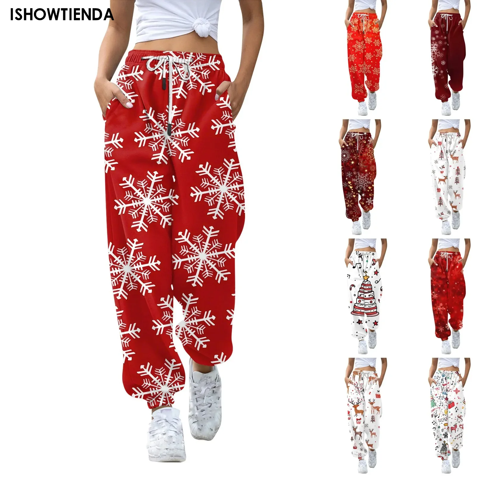 Christmas Pants Women Fashion Joggers High Waist Sporty Gym Athletic Fit Jogger Patchwork Print Snowflake Sweatpant Bottoms