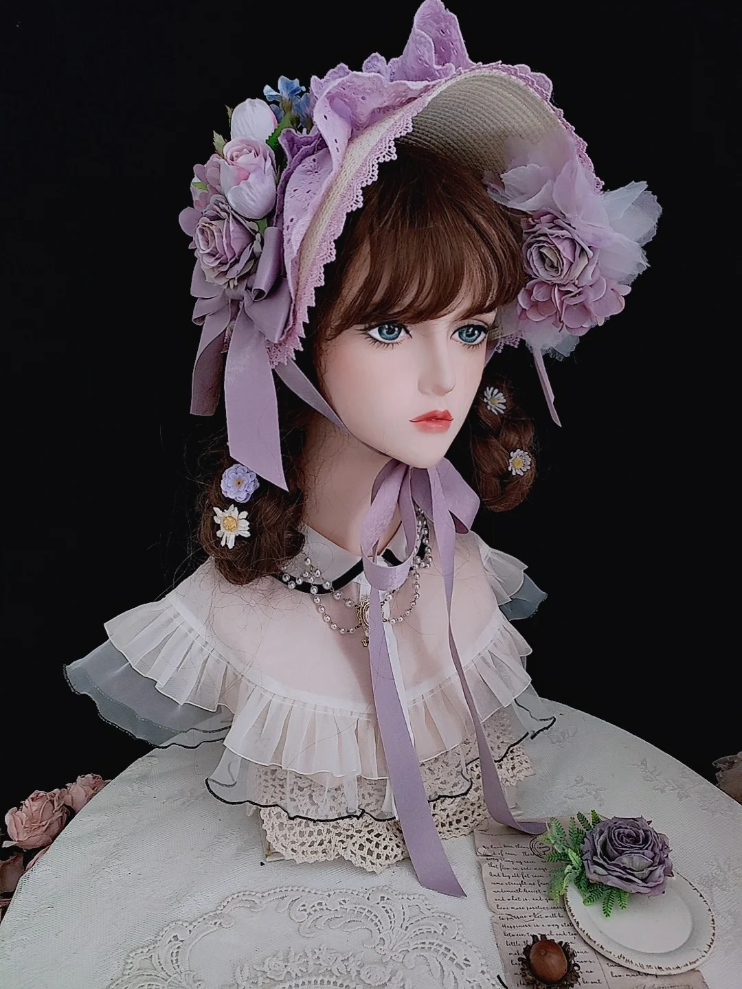 

Handmade Multi-Lace Straw Hat Flat Lolita Gorgeous Elegant Tea Party French Purple Rose Ponette