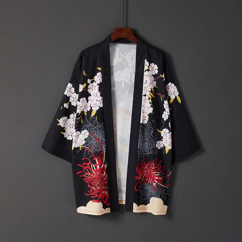 Japanese Retro Loose-Fitting Three-Quarter Sleeve Cat Warrior Cherry Blossom Kimono Cardigan Haori Jacket Summer Beach Vacation Cover-Up Yukata Sun Protection Clothing