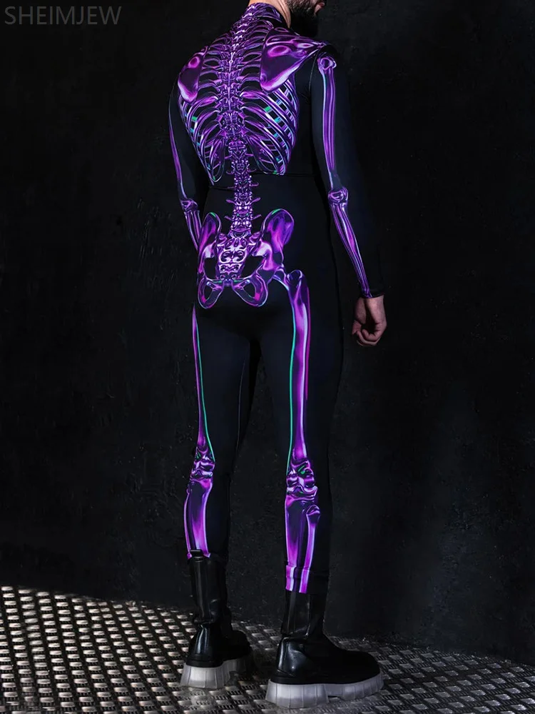 Unisex Sexy Purple Skull Print Jumpsuit Halloween Horror Zombie Cosplay Couple Bodysuit Festival Party Zentai Suits Rave Outfits