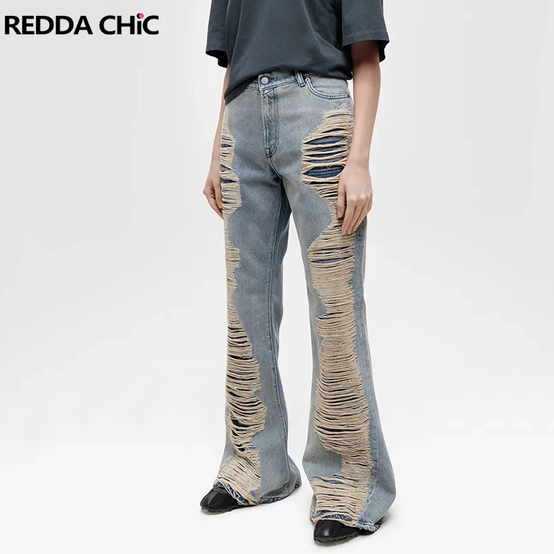 

REDDACHiC 2000-х годов рваные джинсы-клеш с дырками, винтажные свободные рваные джинсовые брюки с высокой посадкой, длинные брюки, женская уличная одежда