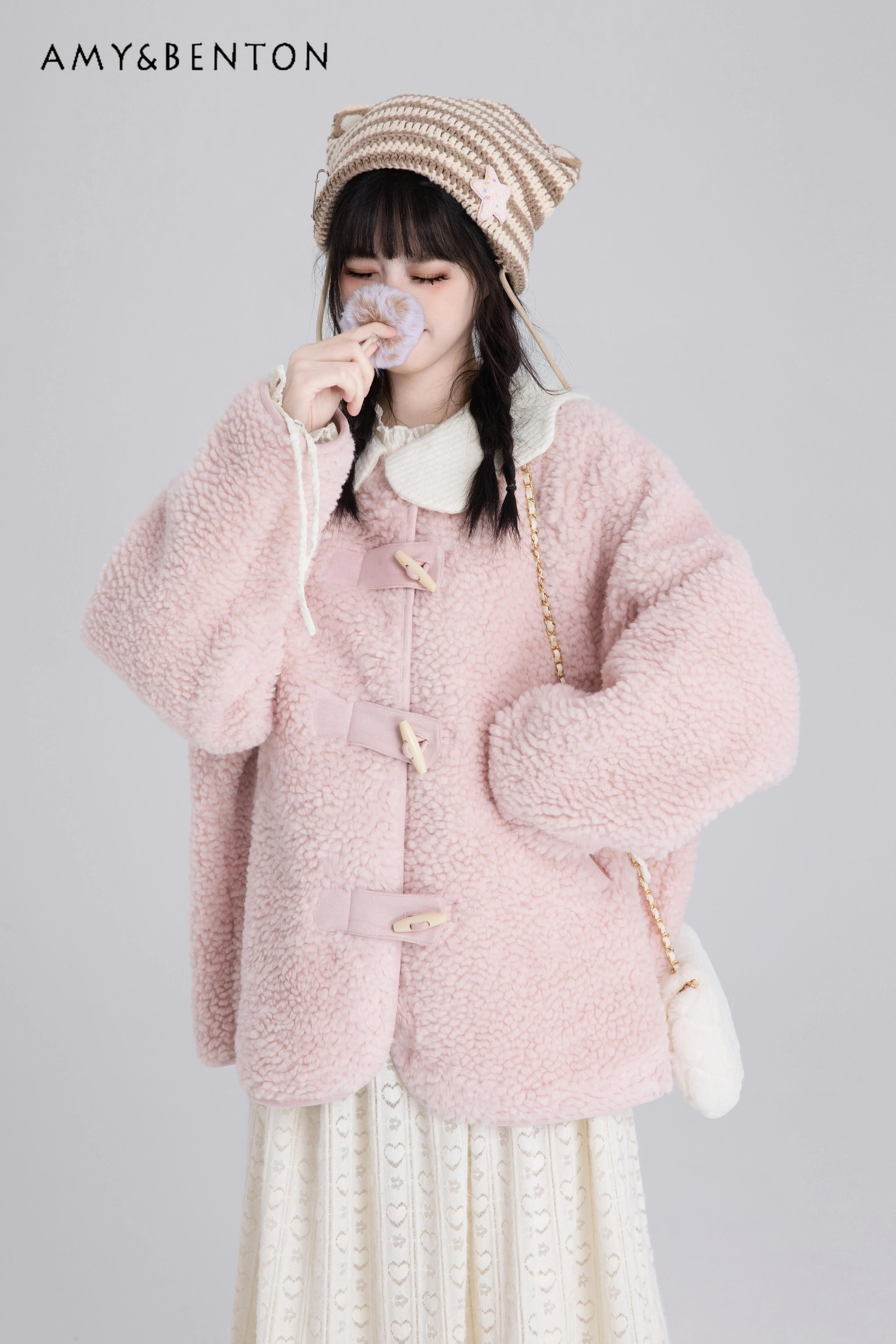 Lolita Coat Sweet Pink Lamb Wool Winter Clothes Women Japanese Kawaii Doll Collar Horn Button Jackets All Match Jk Coat Female