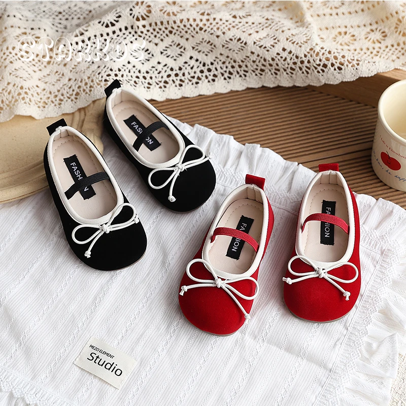 

2026 New Spring Girls Velvet Ballet Flats Kids Bow Elastic Strap Leather Toddler Princess Anti-slippery Shoes 21-30