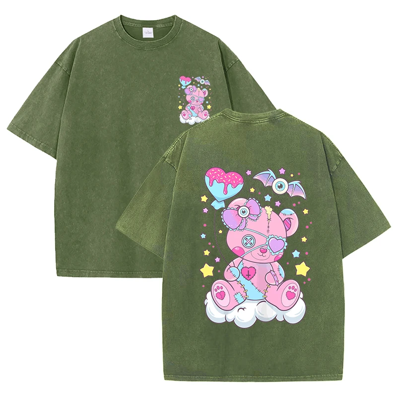 Kawaii Sweet Pink Cartoon Bear Printed Snow Wash Woman Tee Shirts Cotton Cool T Shirt Hip Hop Washed Short Sleeve  Crewneck Top