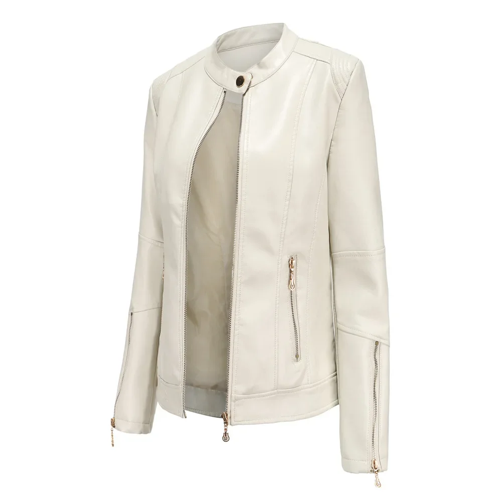 Faux cuir femmes manteau à manches longues col rond coupe ajustée solide Sexy vestes régulières fermeture éclair décontracté épissure Pu manteaux veste