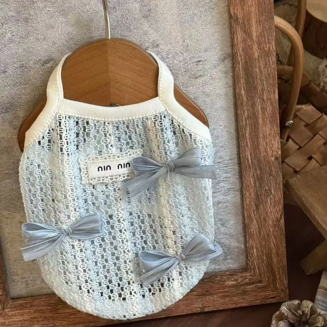 

Bowtie Pet Sling Hollow Out Lace Dog Clothes Puppy Breathable Vest Teddy Cute Mesh Short Sleeve Pet Supplies