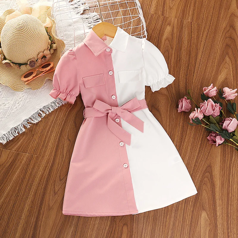 

Summer Girl's Dress Shirt Patchwork Color Lapel Puff Sleeve Lace-Up A-Line Knee-Length Skirt Fashionable Sweet Daily Casual