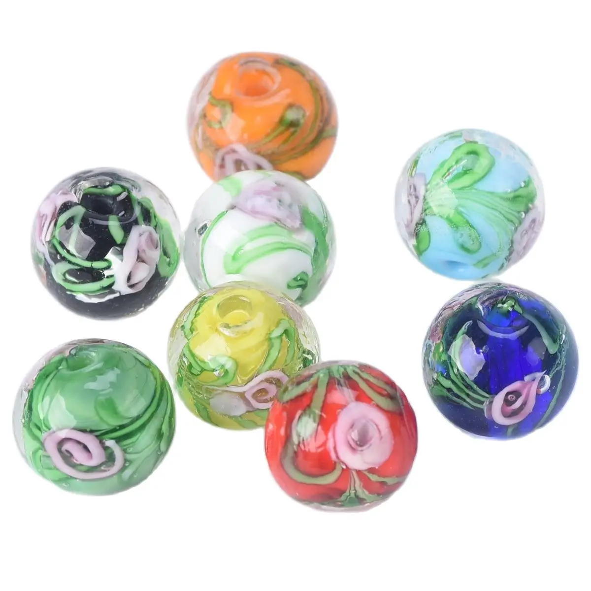 5pcs Round 12mm Flower Pattern Handmade Lampwork Glass Loose Beads for Jewelry Making DIY Crafts Findings