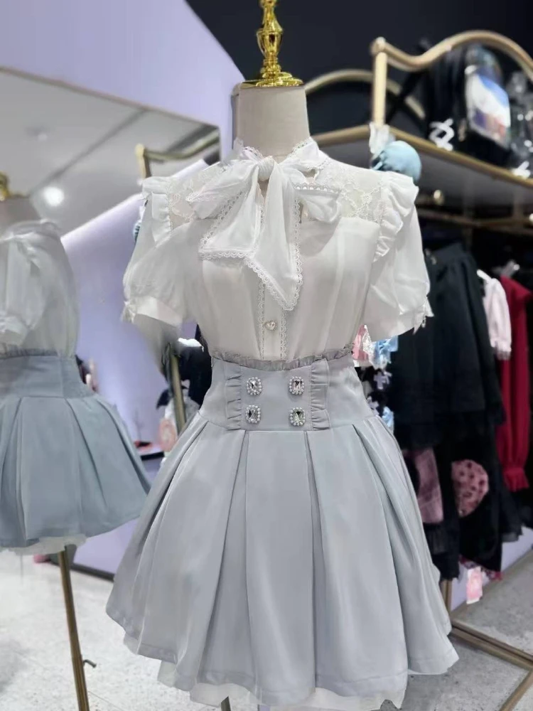 

Y2k Japanese Lolita Sets Casual White Blouse High Waist Sweet Mini Skirt Aesthetic Bow Woman Kawaii Jk Blusea De Mujer Chic