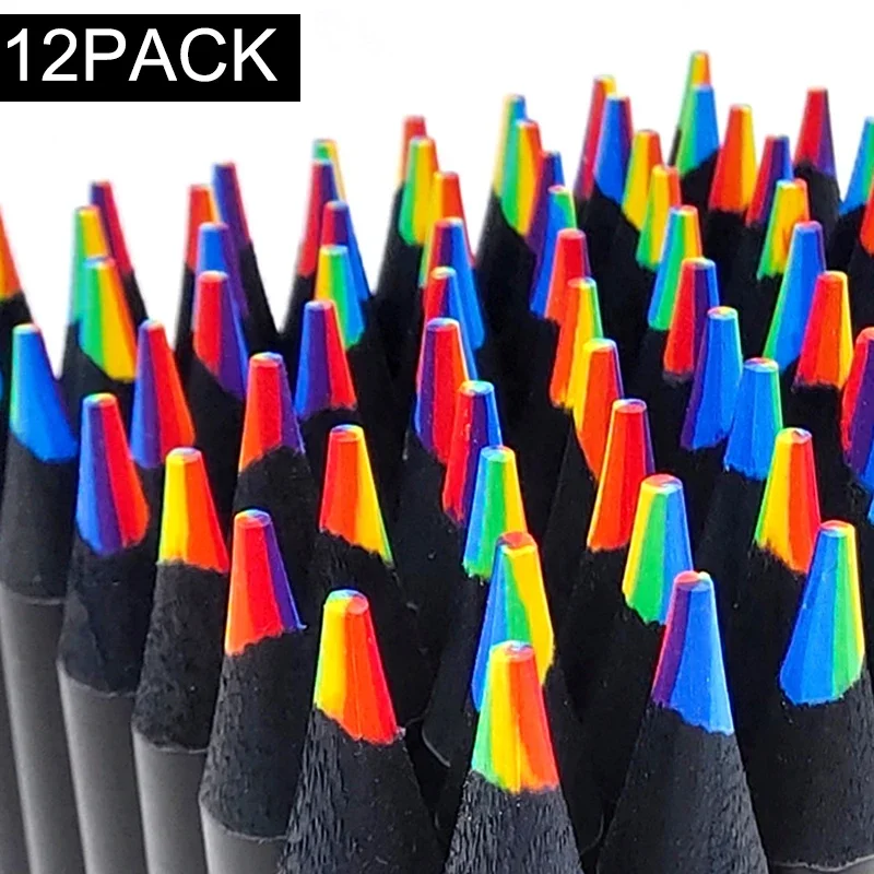 1/12Pack Regenboog Kleurpotloden Veelkleurige 7 in 1 Zwarte Houten Bulk Regenboog Potloden Kunstbenodigdheden Tekening Kleuren Schetsen