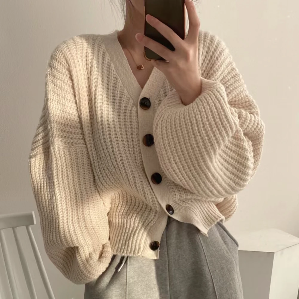 

Korean Fashion Chic Autumn and Winter New Sweater Women's Loose and Lazy Lantern Sleeve Knitted Cardigan Female Clothing