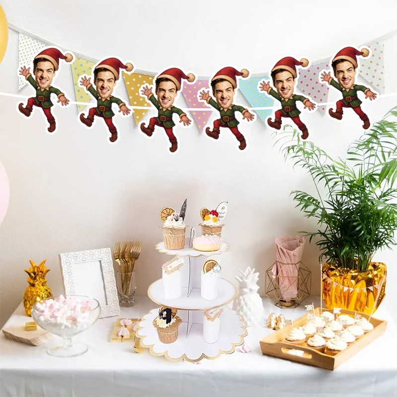 6/12pcs  Merry Christmas Santa Claus Theme Customize Your Own Avatar Hanging Banners Flag Balcony Garden Entrance Party Supplies