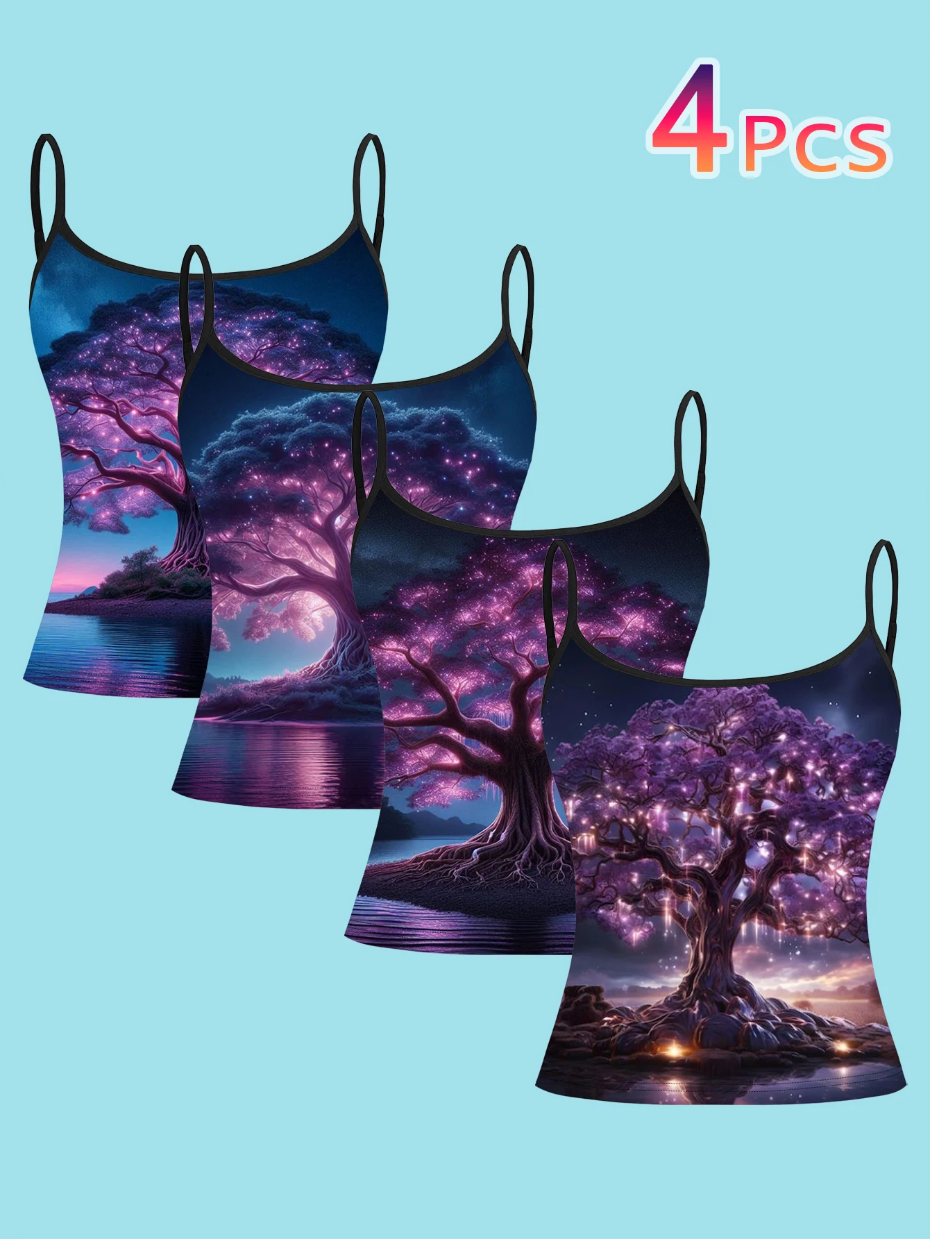 4-Piece Set of Luminous Ancient Tree Suspenders with Amethyst Glow, Night Scene Lake Water Women's Base Tank Top