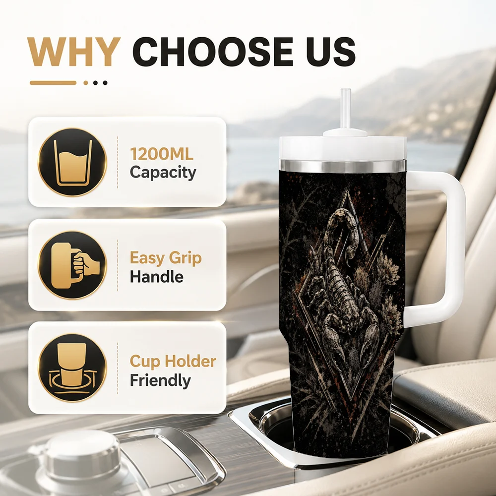 Gothic Beast Dark Fantasy Mens Art Vacuum Flasks 40oz Leakproof Steel Tumbler w/ Lid Straw Handle Hot Cold Drinks