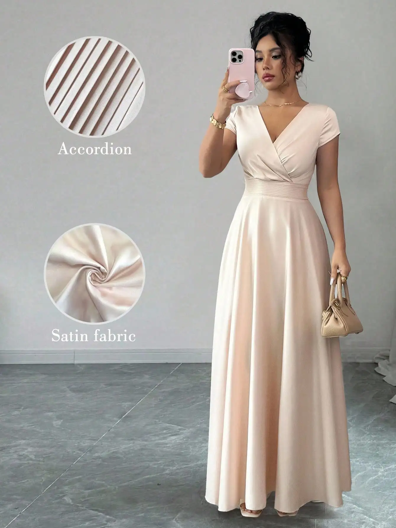 

Elegant V-Neck Ruched A-Line Satin Maxi Dress in Blush