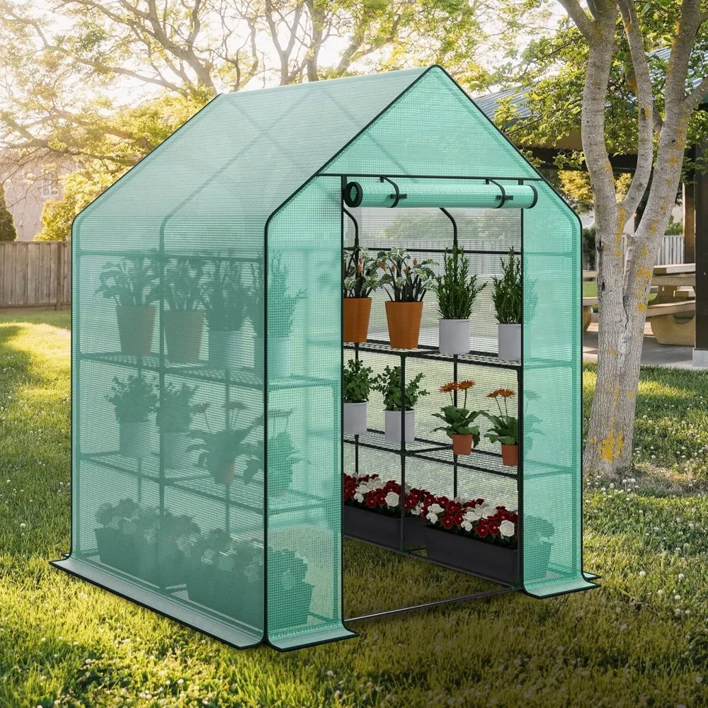 Walk-in Greenhouse for Outdoors, 57 x 57 x 77 inch, Portable PE Cover Greenhouse with Anchors