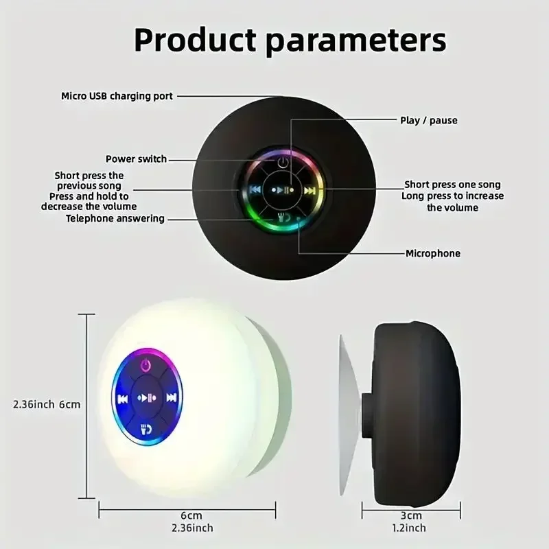 Przenośny bezprzewodowy głośnik stereo Bluetooth - wodoodporny głośnik IPX4 z oświetleniem LED i dużą przyssawką do użytku na zewnątrz/w łazience