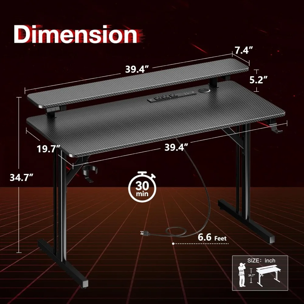 39 Inch Gaming Desk with LED Lights & Power Outlets and Monitor Shelf, Kids Boys Desk Gift for Men, Gaming Table