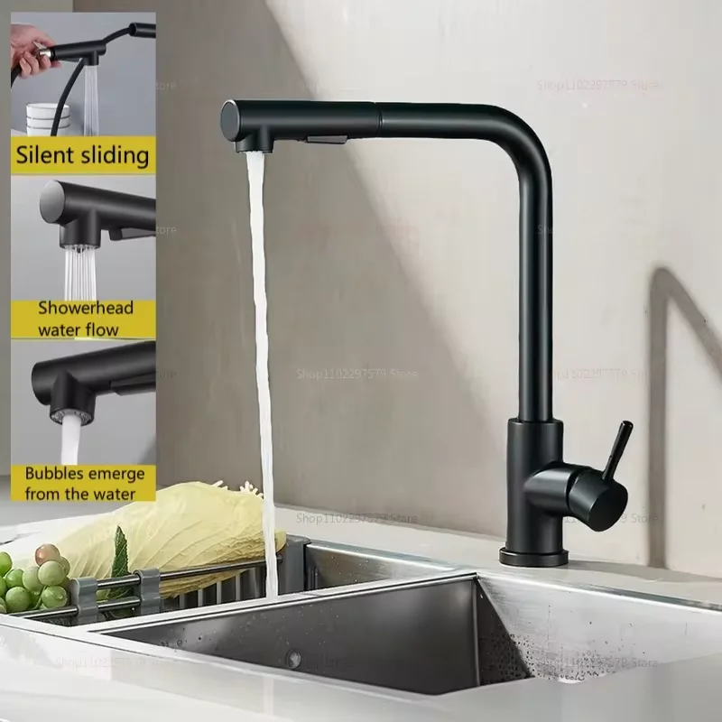 

Upgraded black and silver pull-out telescopic rotary kitchen faucet 2 in 1 dual spray mode, stainless steel hot and cold water f