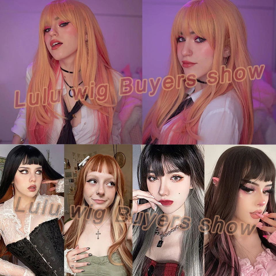 Wig Lurus Pink Pirang Sintetis dengan Poni Wig Cosplay Lucu Lolita Pembantu Alami Wig Tahan Panas untuk Wanita Wig Harian