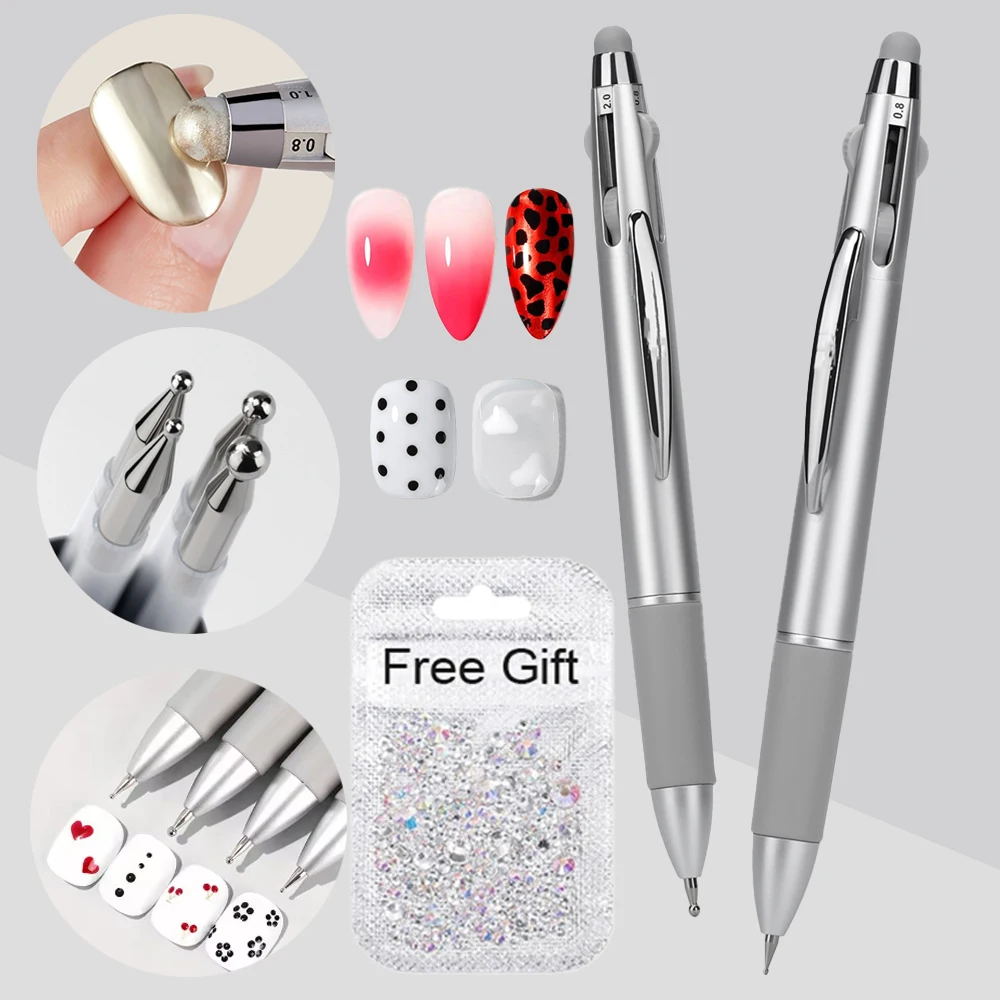 

5-In-1 Pro Nail Dotting Pen 3D Polka Dots Nail Art Tip Painting Dot Ballpoint Pen Rubbing Chrome Powder Manicure Tools with Gems