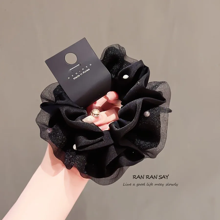Satin Scrunchie with Pearl Premium Fabric Elastic Hair Tie for High Ponytail Bun Women Minimalist Daily Non Slip  Accessories