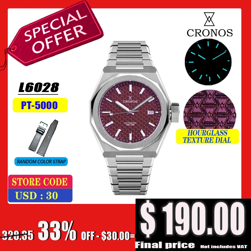 

Cronos Luxury Men Watch 39mm Automatic PT5000 SW200 Wristwatches Sapphire 10ATM See-through Back L6028M V2