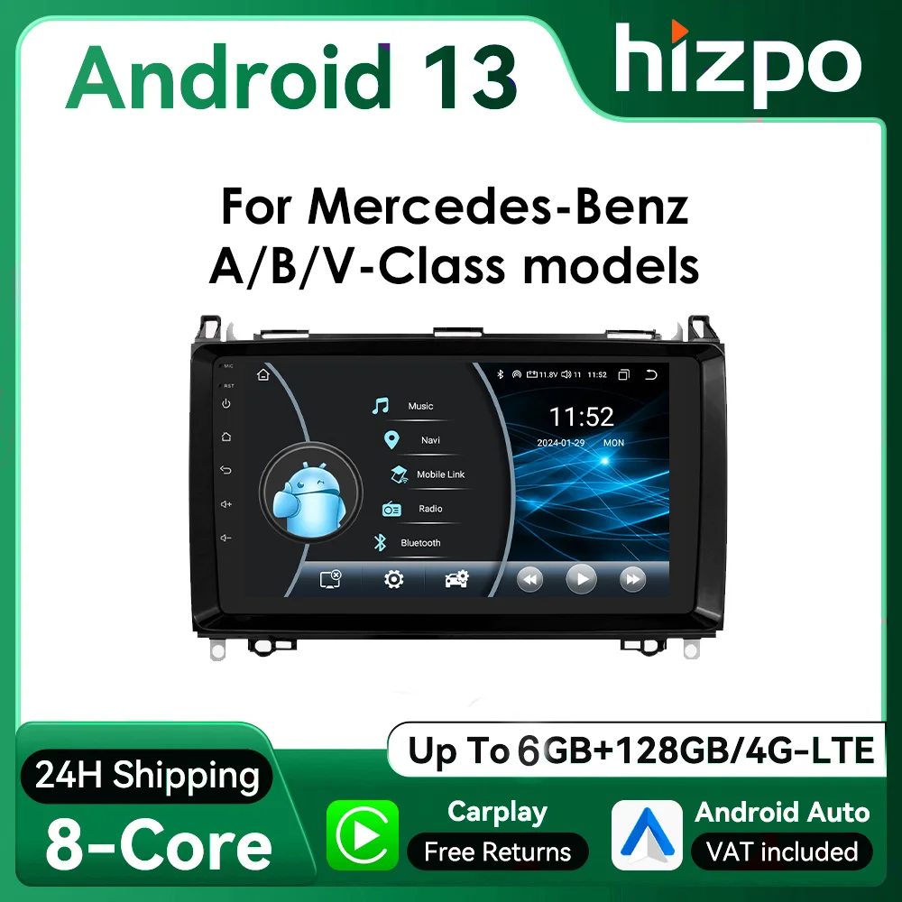 Hizpo 9inch CarPlay Android Auto Car Radio for Mercedes Benz Viano Vito W639 B200 W169 W245 Sprinter W906 GPS DSP RDS UI8581