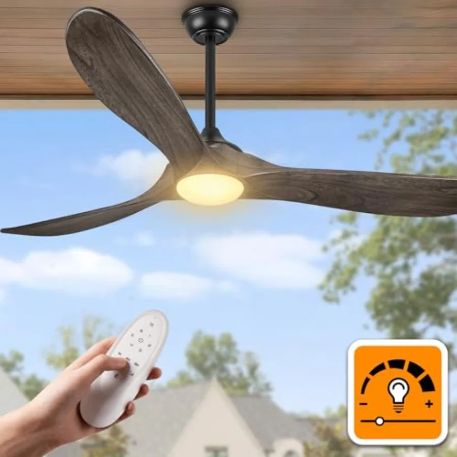 52 Inch Farmhouse Rustic Ceiling Fans with Lights for Patios Indoor Bedroom, Dimmable Solid Wood Outdoor Ceiling Fan with Light