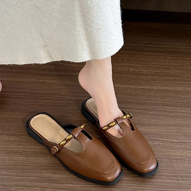 

Винтажные туфли Мэри Джейн с металлическим декором, французские простые балетки, элегантные кожаные туфли на плоской подошве