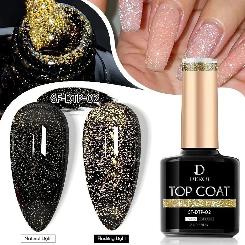 DEROI Sparkly Top Coat UV Gel Aurora Nail Polish Semi Permanent Glitter No Wipe Top Coat Gel Matte Topcoat Soak Off for Manicure