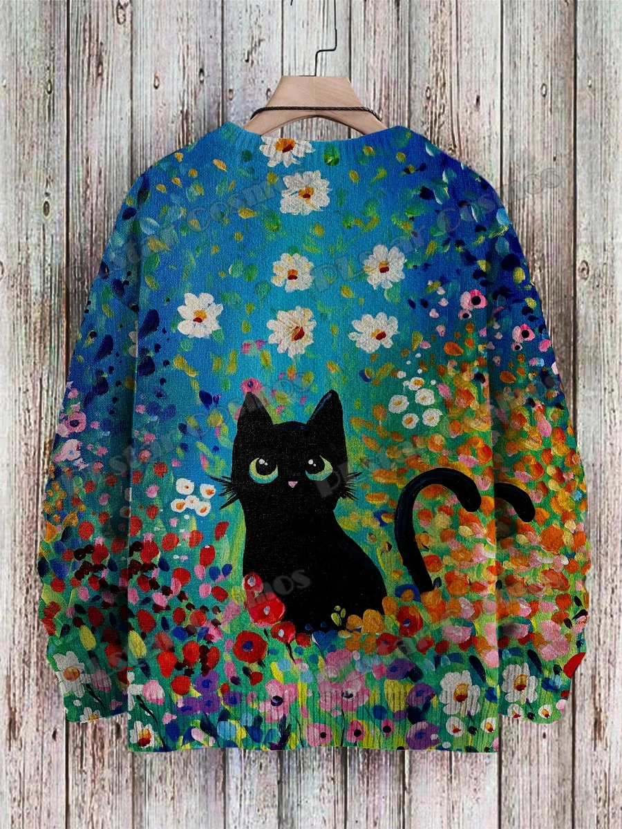 Oil Painting Black Cat & Funny Cat Smoking Art 3D Printed Mens Knitted Pullover Winter Unisex Casual Knit Pullover Sweater ZZM85