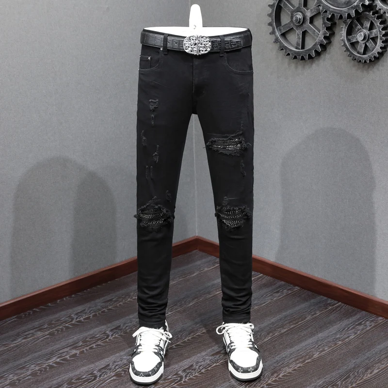 

y2k street fashion designer's new men's jeans with bead patches washed, nostalgic, elastic, slim fit, black jeans, high-quality