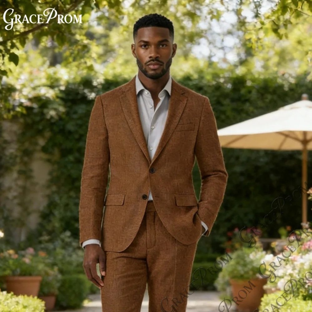 

Warm Brown Linen Men 2PCS Suit Set Slim Fit Notch Lapel Blazer Pants Casual Formal Outfit for Wedding Prom Special Occasions