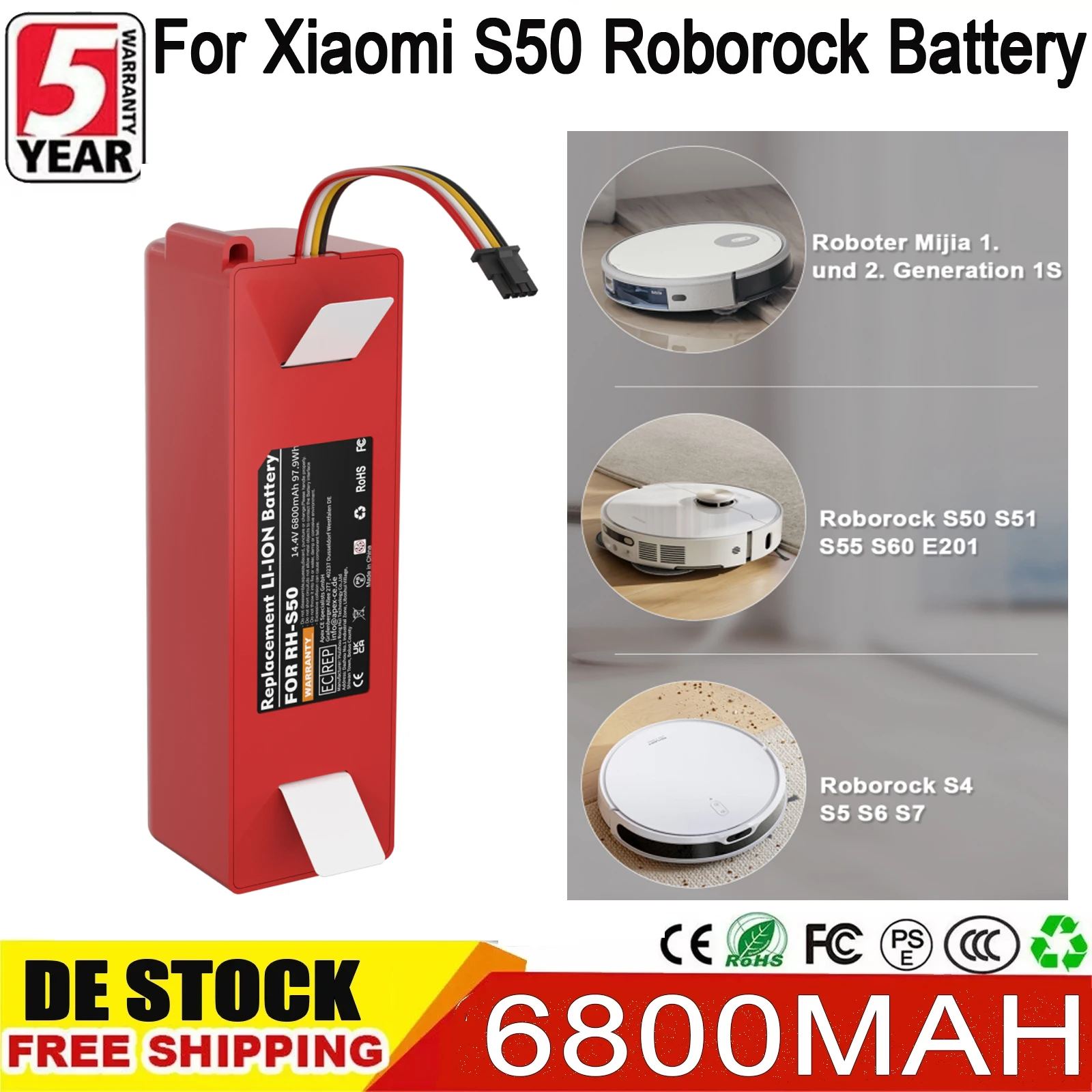 6800mAh For Xiaomi S50 Roborock Battery Replacement For Xiaomi Robot S51 S55 T60 C10 E20 Vacuum Cleaner 14.4V Sweeper Batteries