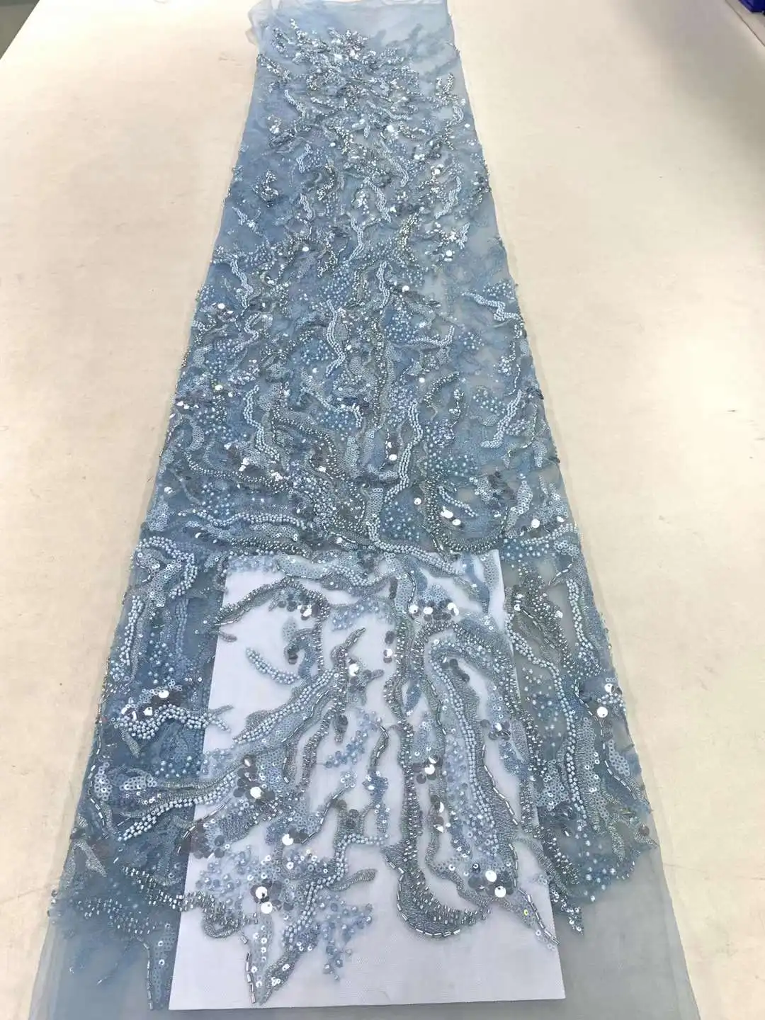 2023 High Quality African Heavy tube Beaded Sequin Lace Fabric Embroidered French Tulle Lace Nigerian Wedding Dress 5yards ZX