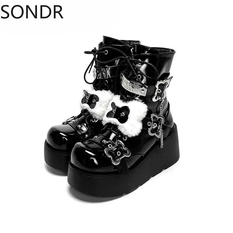 Womens Round Toe Platform Ankle Boots Wedge High Heel Metal Chain Creepers Japanese Harajuku Dark JK Shoes Warm Winter New 2024