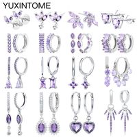 925 Sterling Silver Needle Luxury Purple Crystal Heart Stud Earrings for Women Geometry Cross Pendant Earrings Fashion Jewelry
