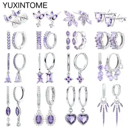 925 Sterling Silver Needle Luxury Purple Crystal Heart Stud Earrings for Women Geometry Cross Pendant Earrings Fashion Jewelry
