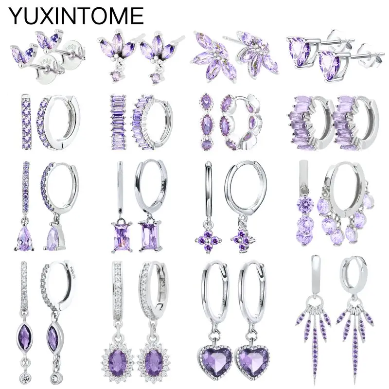 925 Sterling Silver Needle Luksusowe fioletowe kryształowe kolczyki w kształcie serca dla kobiet Geometryczne kolczyki z krzyżem Biżuteria modowa