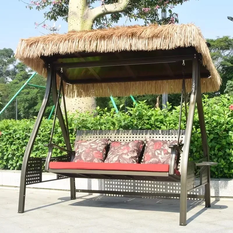 2025 جديد كرسي أرجوحة للترفيه في الهواء الطلق إطار معدني من الألومنيوم مقعد 3 أشخاص أرجوحة فناء الشرفة مع مظلة من القش مخصصة #1
