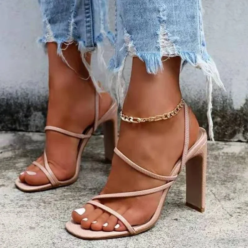 European American Trendy Thick Heel Sandals for Women\'s 2024 Summer New High Heel Design with Fine Strap Sandals Zapatos Mujer