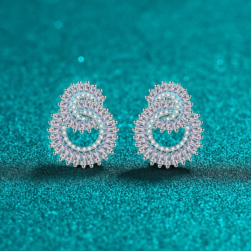 Exquisite Platinum PT950 Glamorous 3.09-Carat All-Mozanite Spiral Stud Earrings, Full Diamond Double-Ring Interlocking Earring