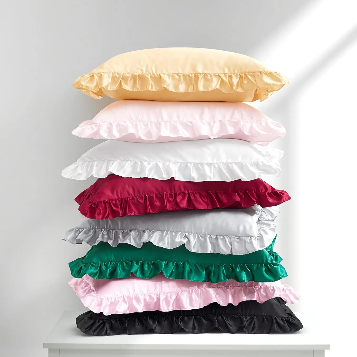 2 Stück Satin-Rüschenkissenbezüge für Haare und Haut, Einfarbige Seidenkissenbezüge mit Umschlagverschluss Prinzessinnen-Zimmer-Dekoration – Detail 5
